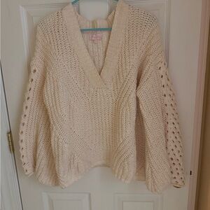 Pink Lily Cream V-Neck Sweater with Chunky Knit Texture